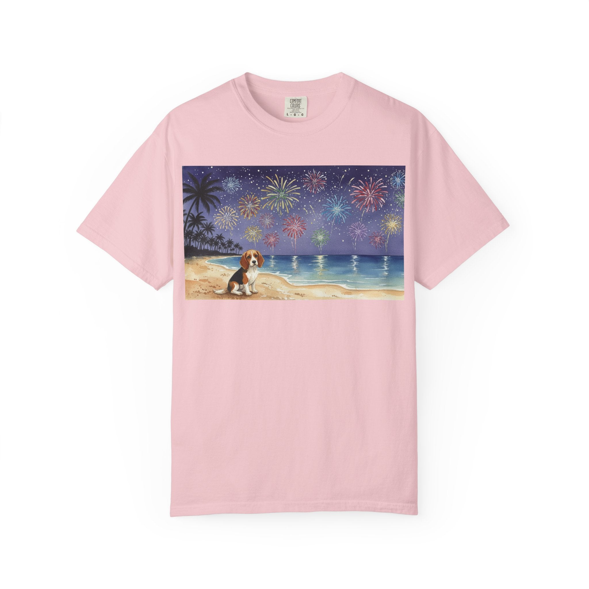 Beach Night Fireworks T‑Shirt with Dog Scene — Summer Holiday Tee
