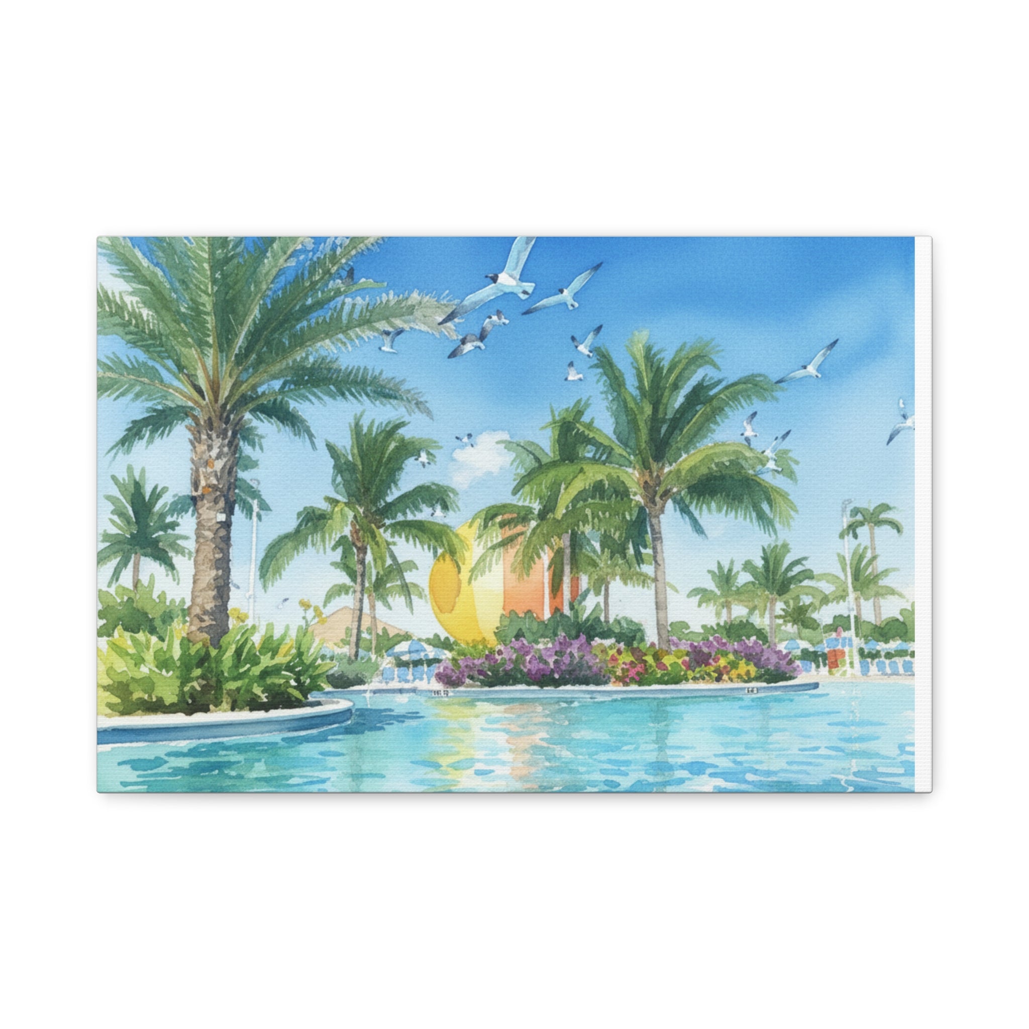 Tropical Beach Canvas Wall Art — Palm Trees, Seagulls & Sunset Pool Scene