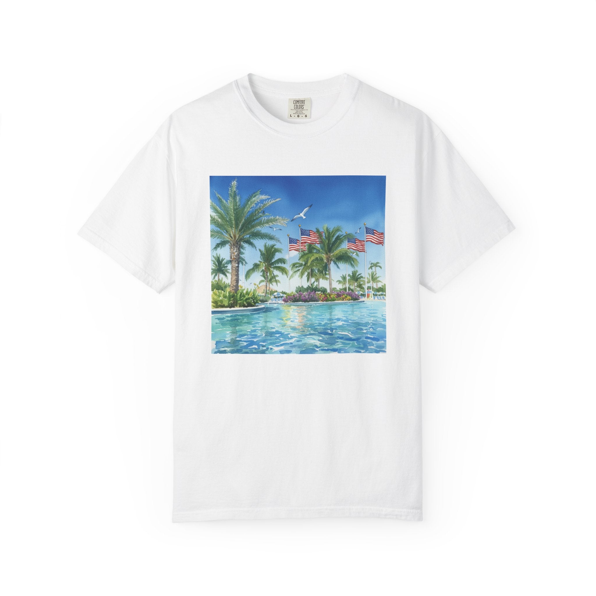 Tropical Pool Paradise T-Shirt — Palm Trees & Flags Summer Graphic Tee
