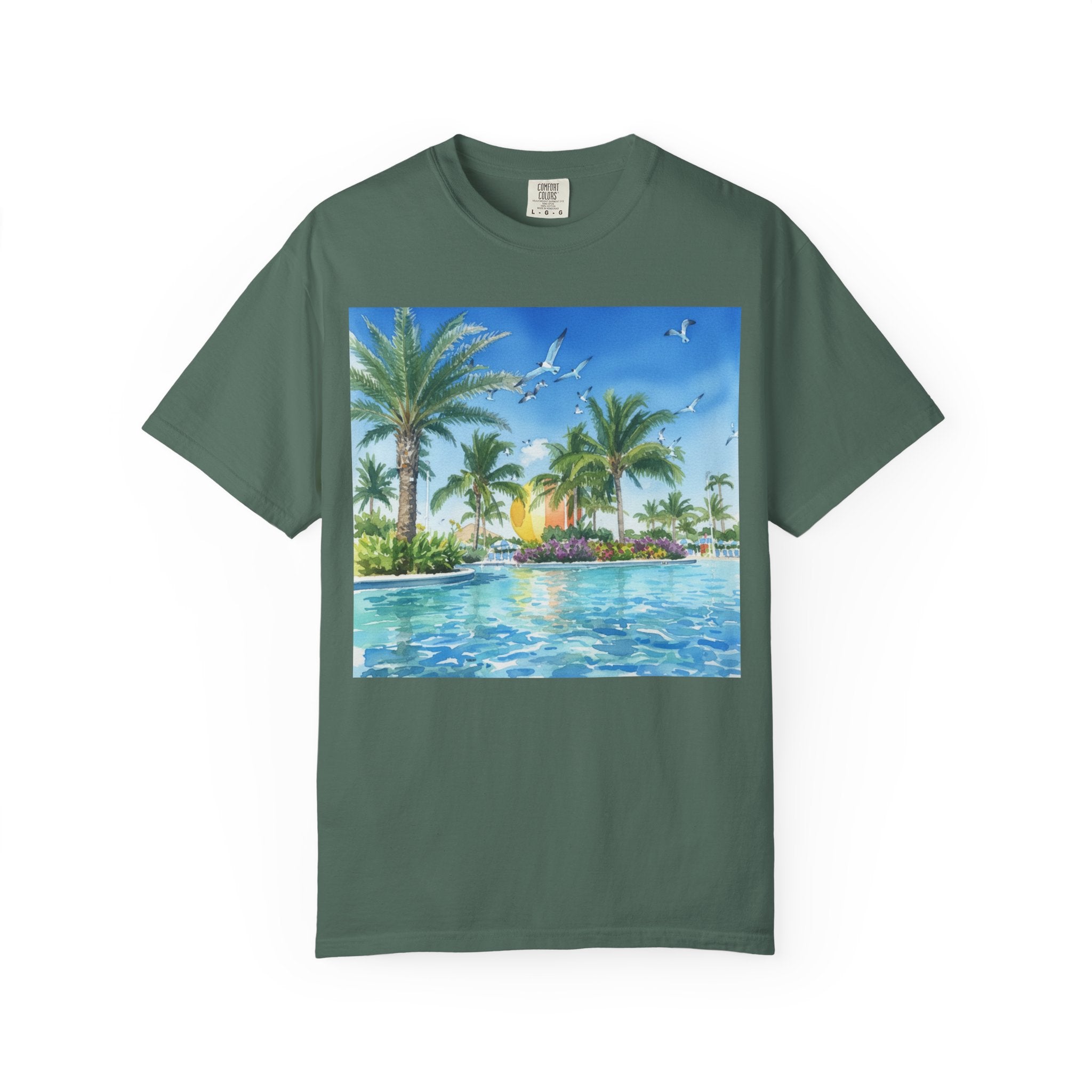 Tropical Poolside T-Shirt — Palm Trees & Sunset Swim Graphic Tee