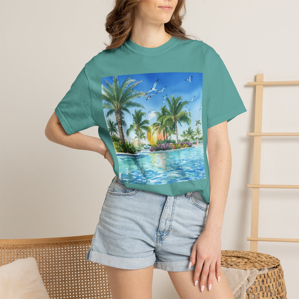 Tropical Poolside T-Shirt — Palm Trees & Sunset Swim Graphic Tee