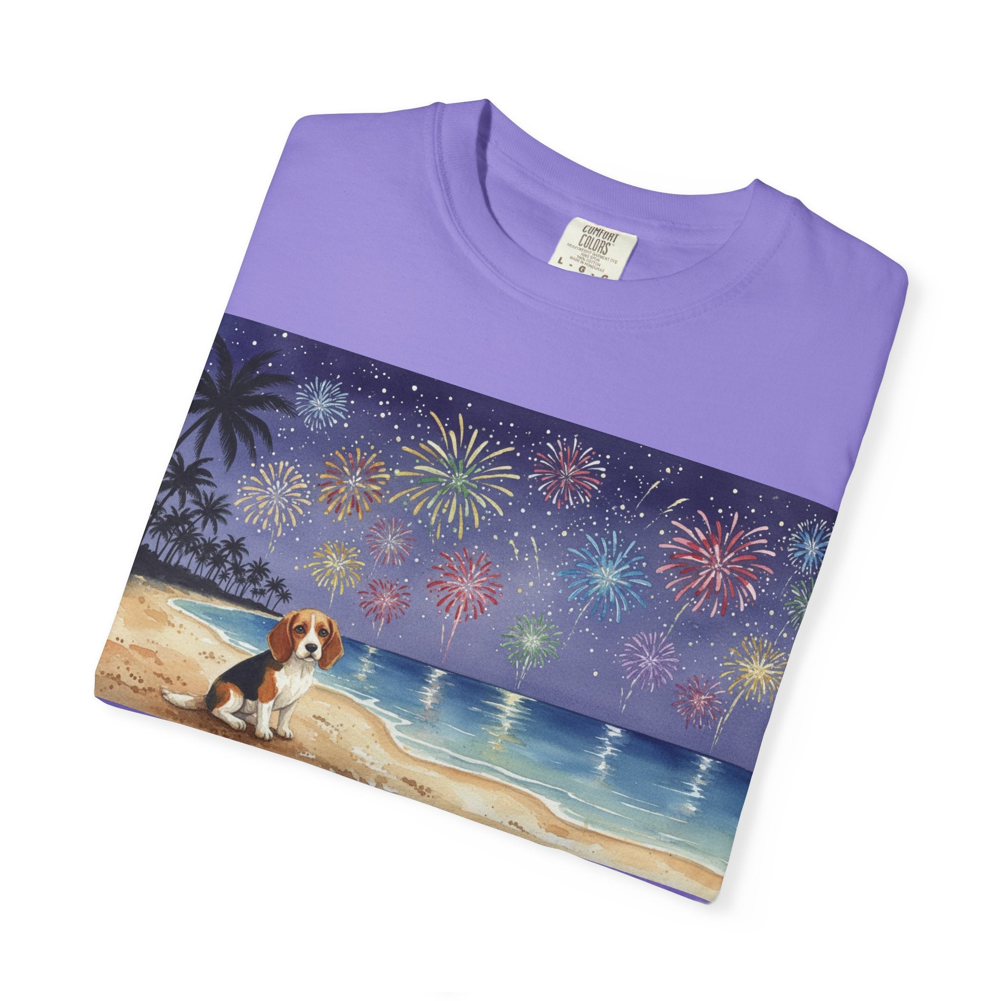 Beach Night Fireworks T‑Shirt with Dog Scene — Summer Holiday Tee