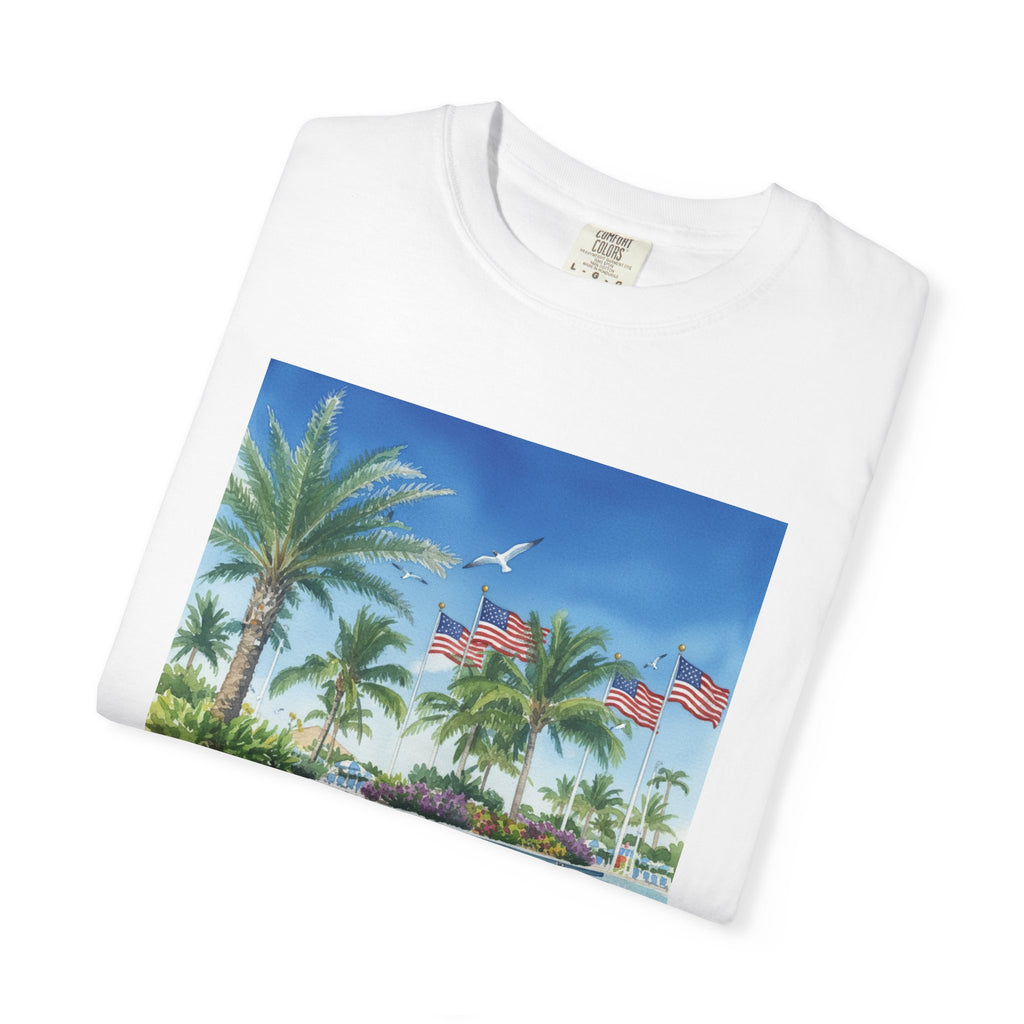 Tropical Pool Paradise T-Shirt — Palm Trees & Flags Summer Graphic Tee