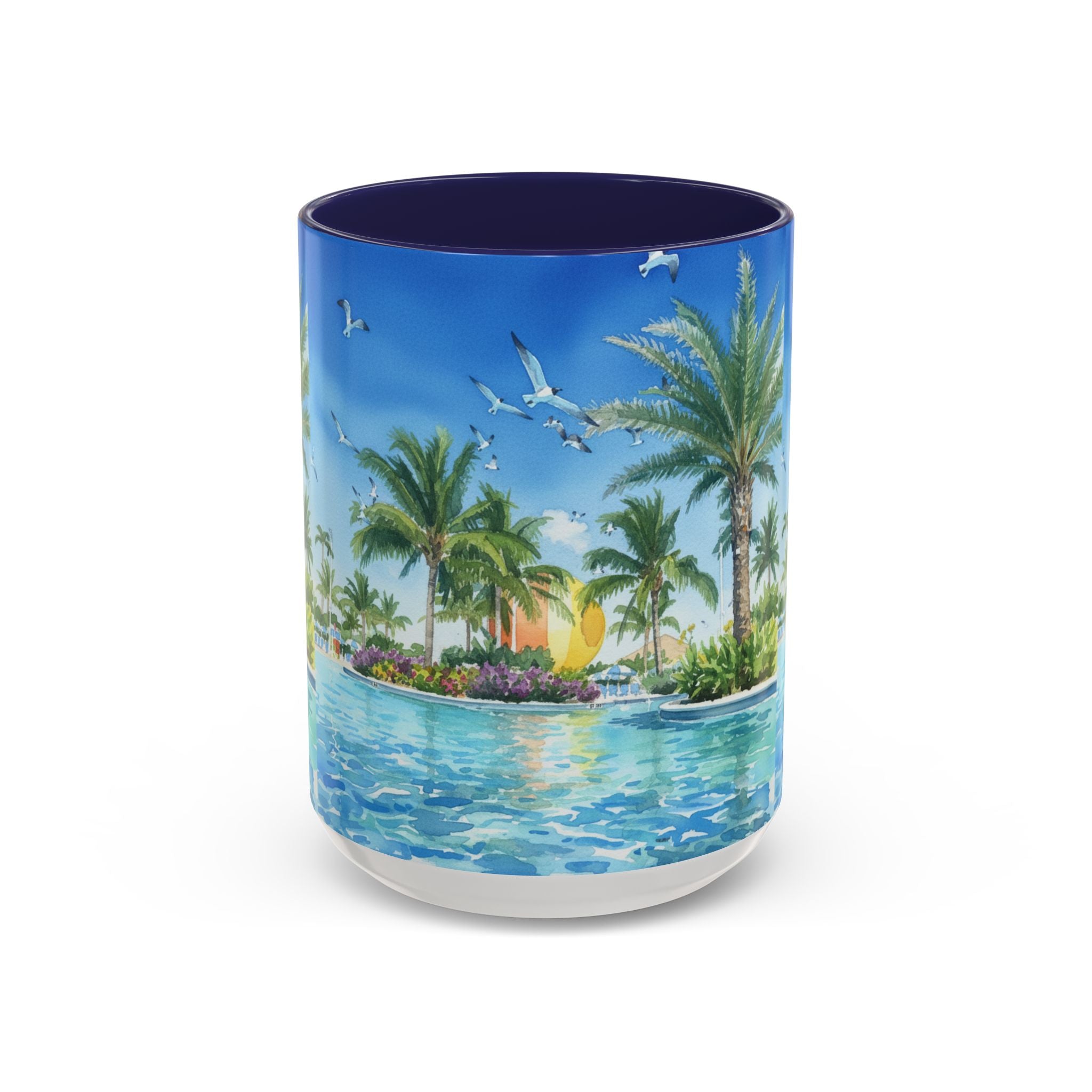 Tropical Palm Beach Coffee Mug — Sunset Seagulls Accent Mug (11/15oz)