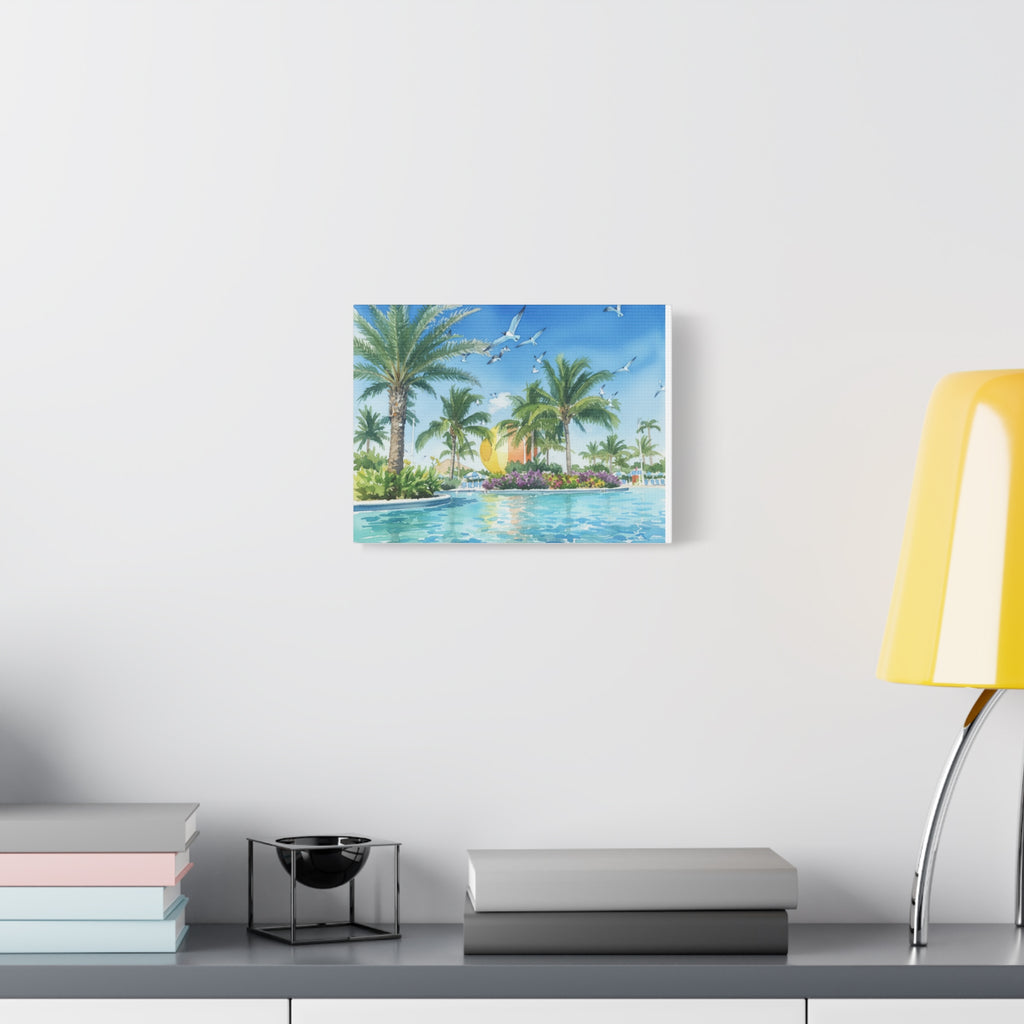 Tropical Beach Canvas Wall Art — Palm Trees, Seagulls & Sunset Pool Scene