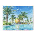 Tropical Beach Canvas Wall Art — Palm Trees, Seagulls & Sunset Pool Scene