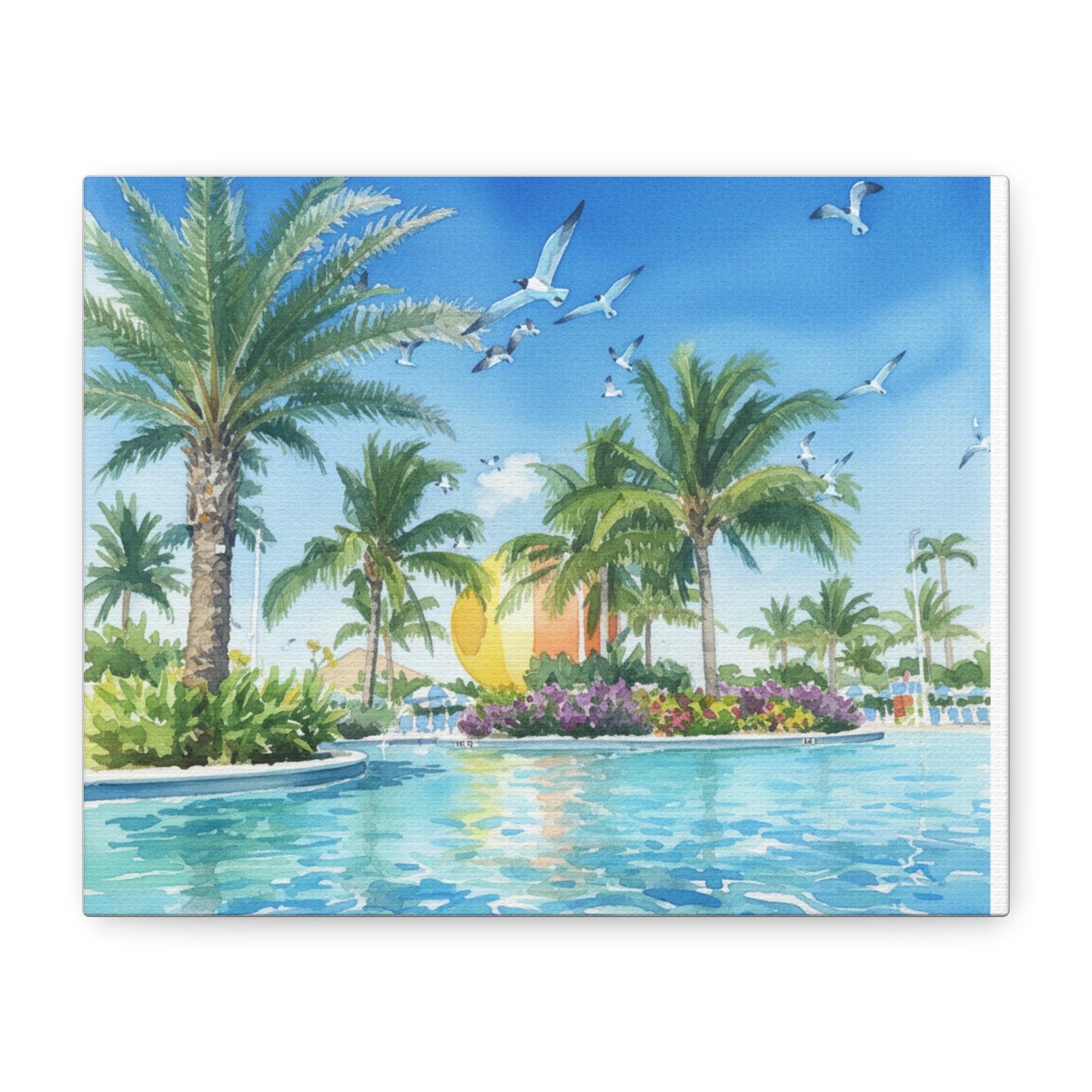 Tropical Beach Canvas Wall Art — Palm Trees, Seagulls & Sunset Pool Scene