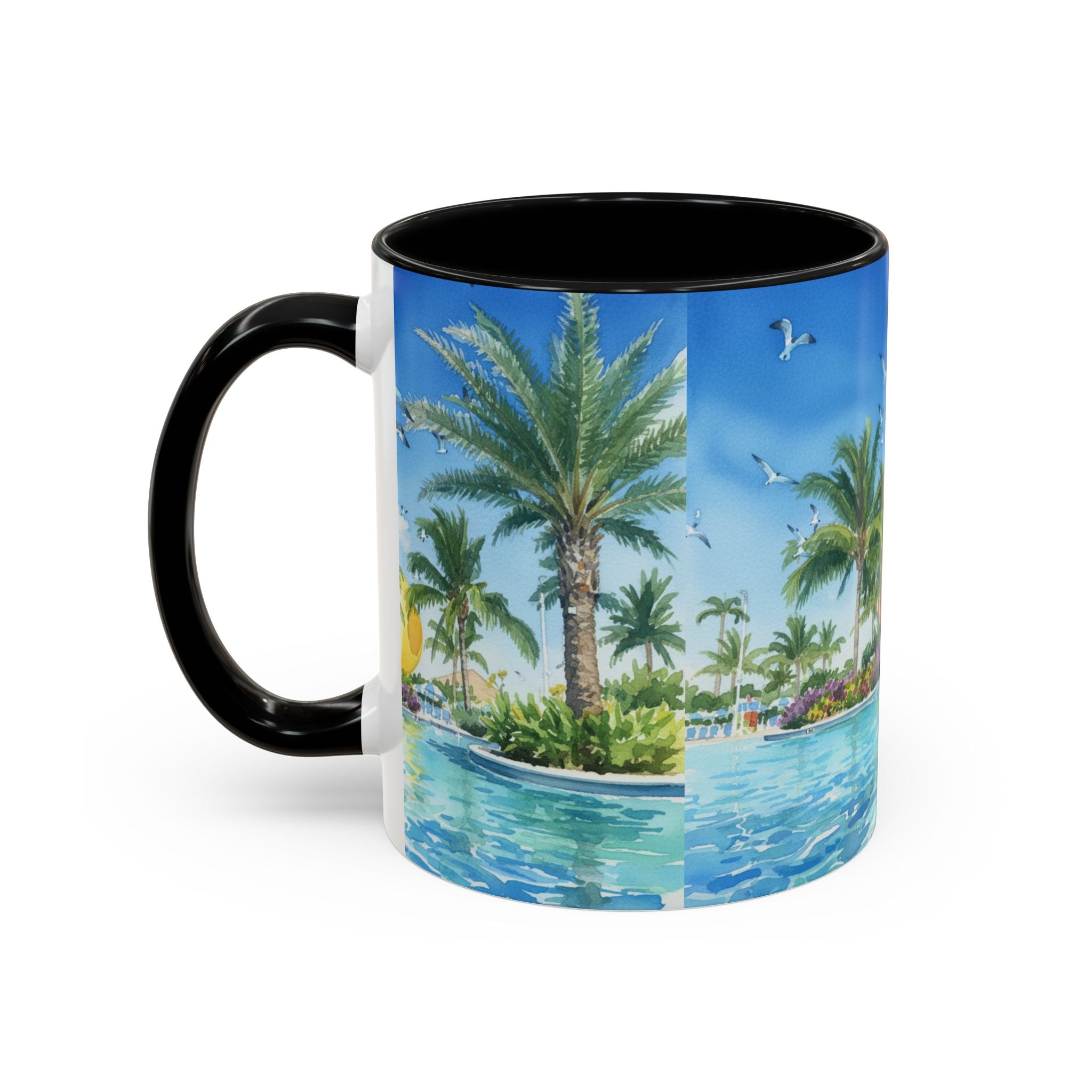 Tropical Palm Beach Coffee Mug — Sunset Seagulls Accent Mug (11/15oz)