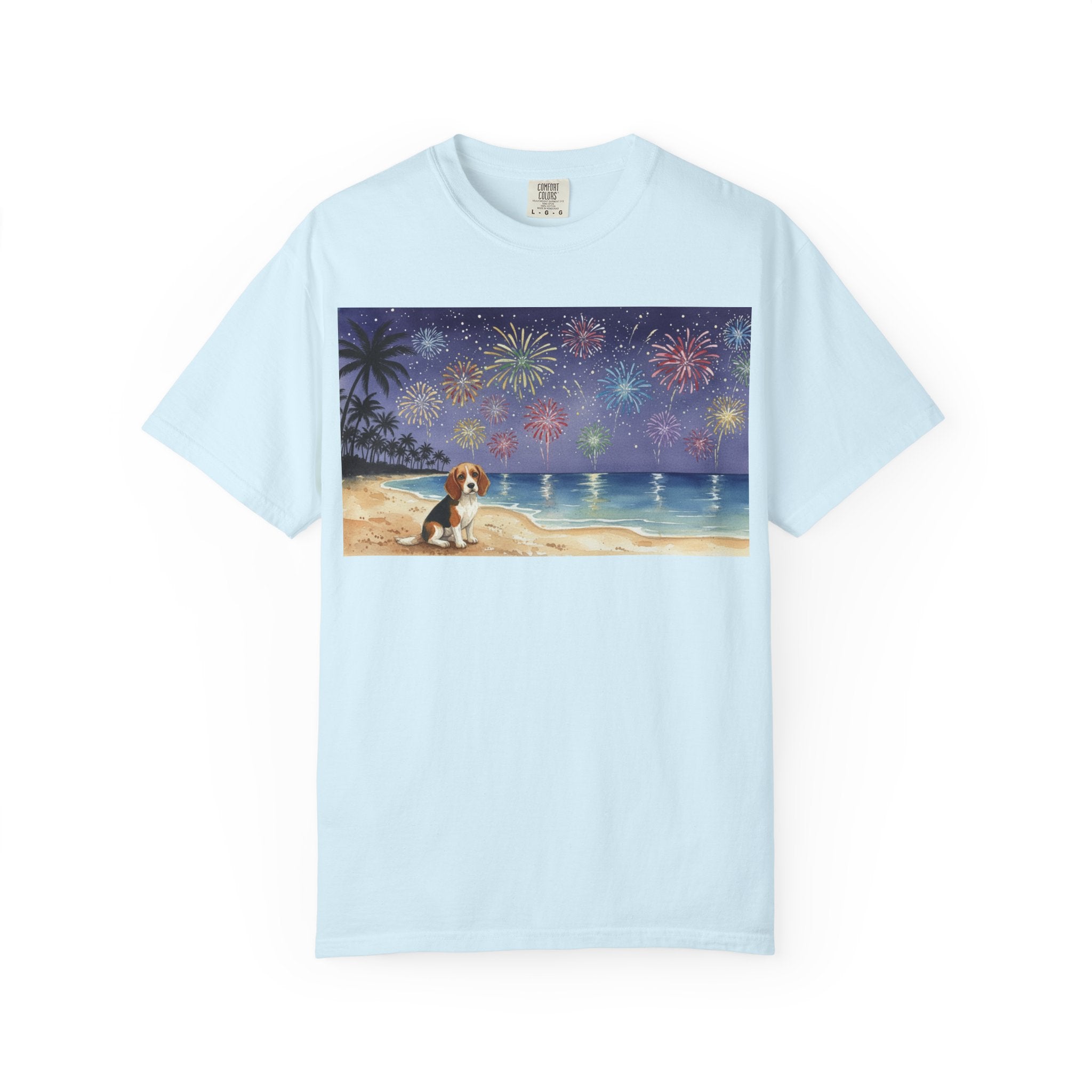 Beach Night Fireworks T‑Shirt with Dog Scene — Summer Holiday Tee