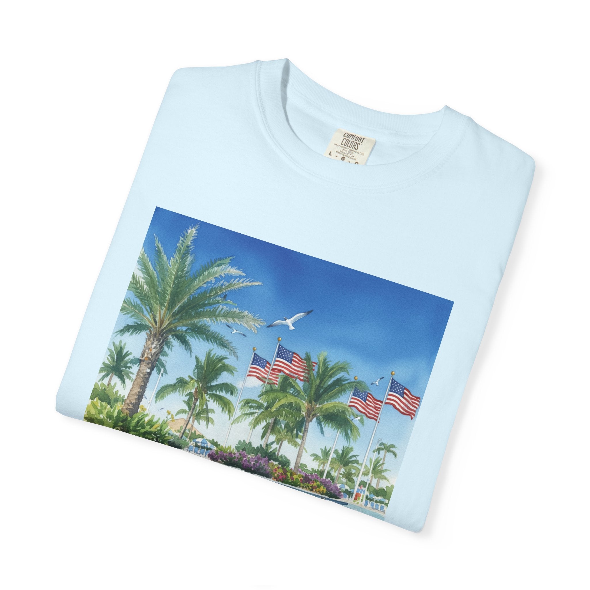 Tropical Pool Paradise T-Shirt — Palm Trees & Flags Summer Graphic Tee