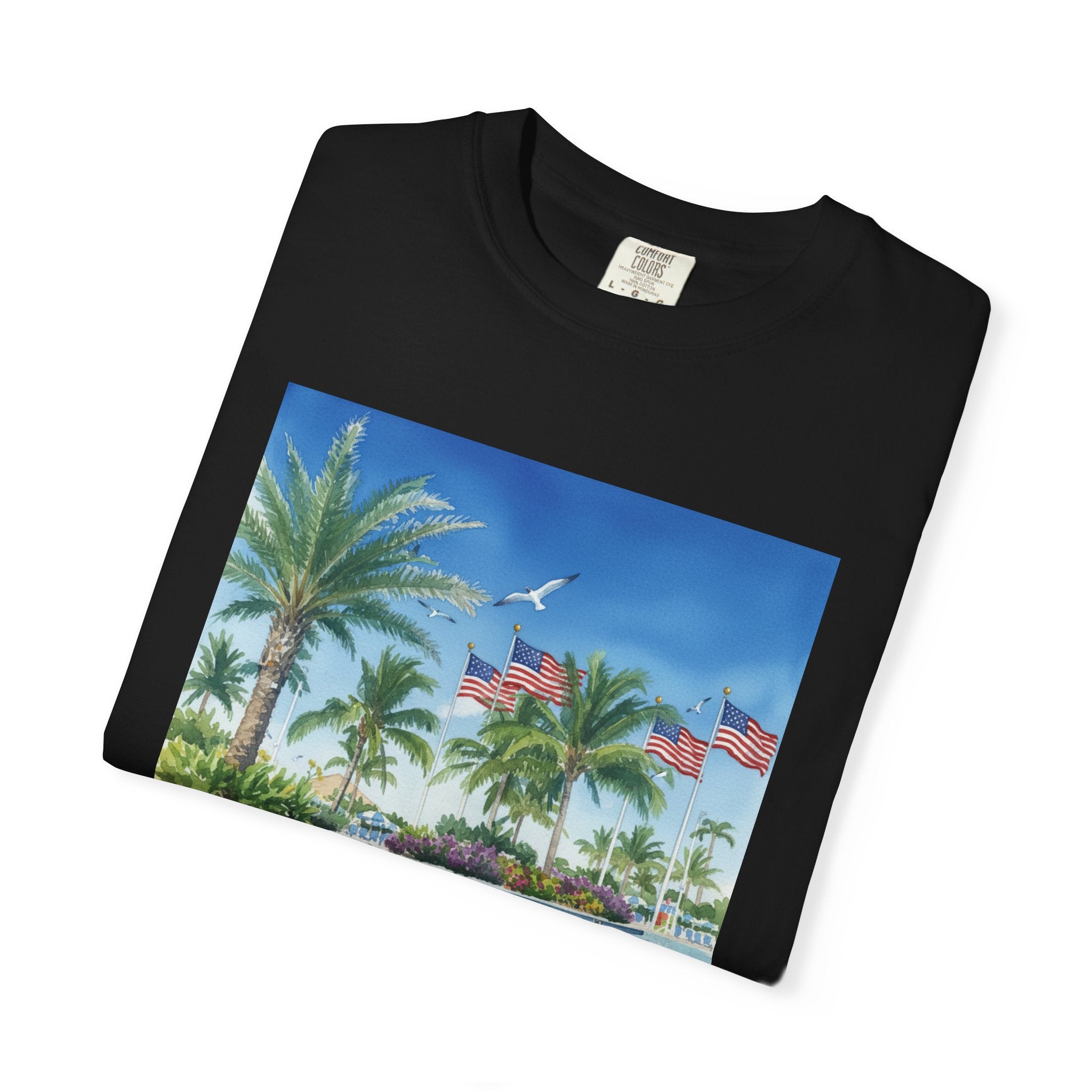 Tropical Pool Paradise T-Shirt — Palm Trees & Flags Summer Graphic Tee