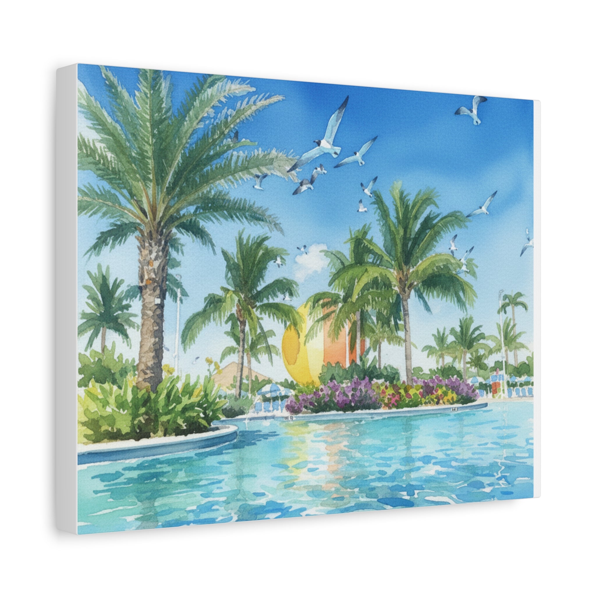 Tropical Beach Canvas Wall Art — Palm Trees, Seagulls & Sunset Pool Scene