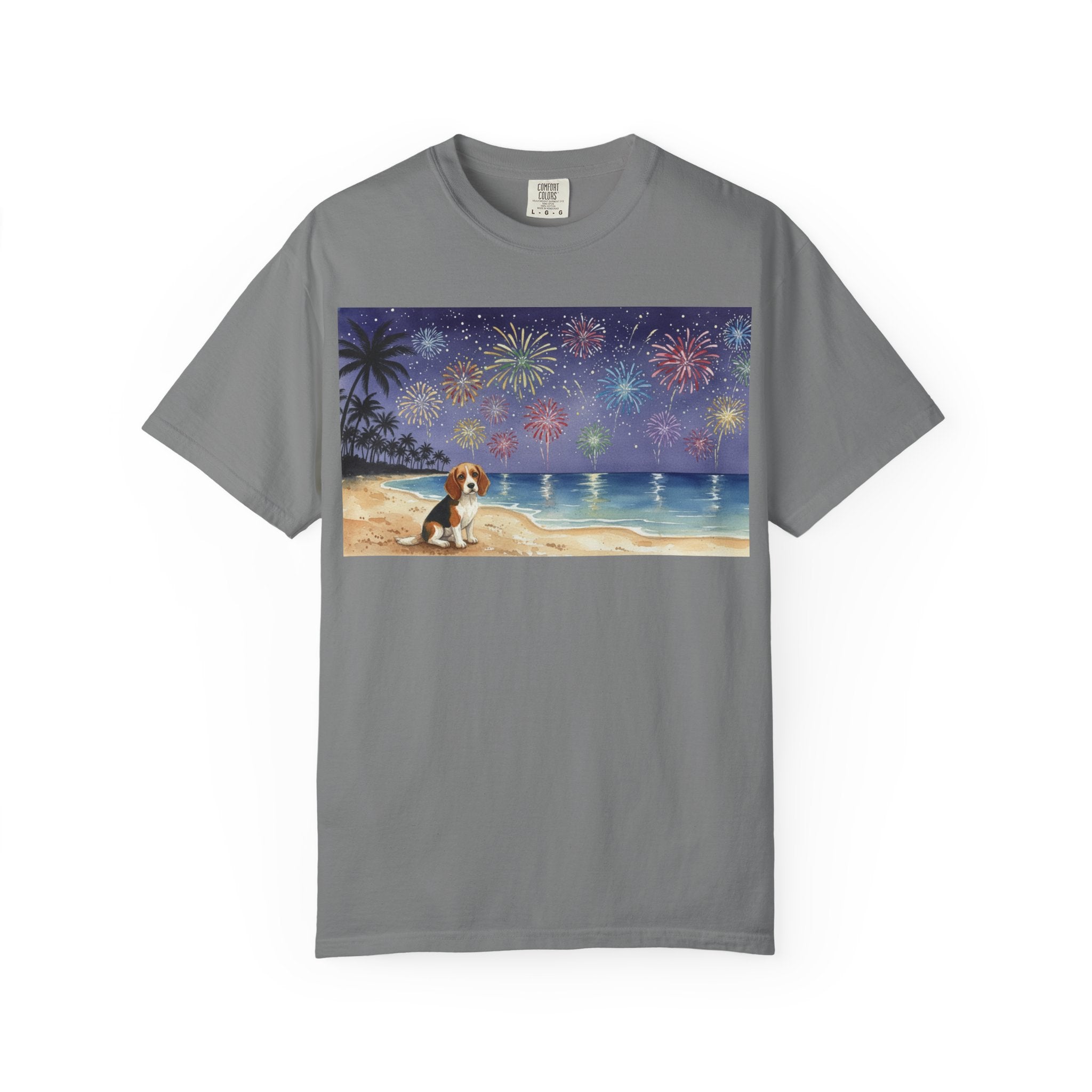 Beach Night Fireworks T‑Shirt with Dog Scene — Summer Holiday Tee
