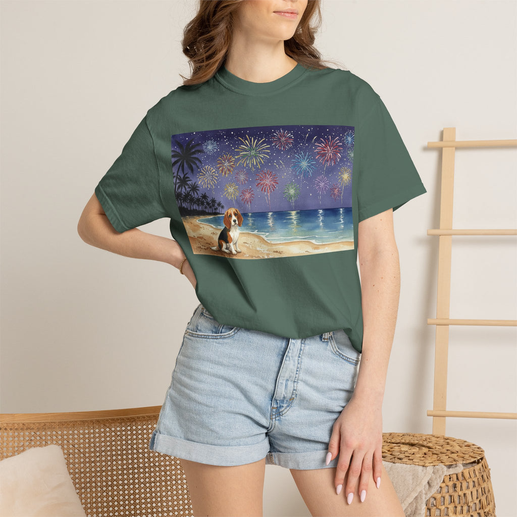 Beach Night Fireworks T‑Shirt with Dog Scene — Summer Holiday Tee