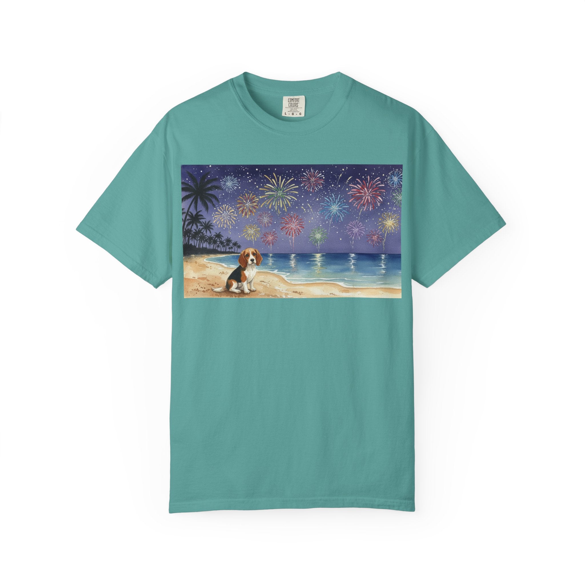 Beach Night Fireworks T‑Shirt with Dog Scene — Summer Holiday Tee