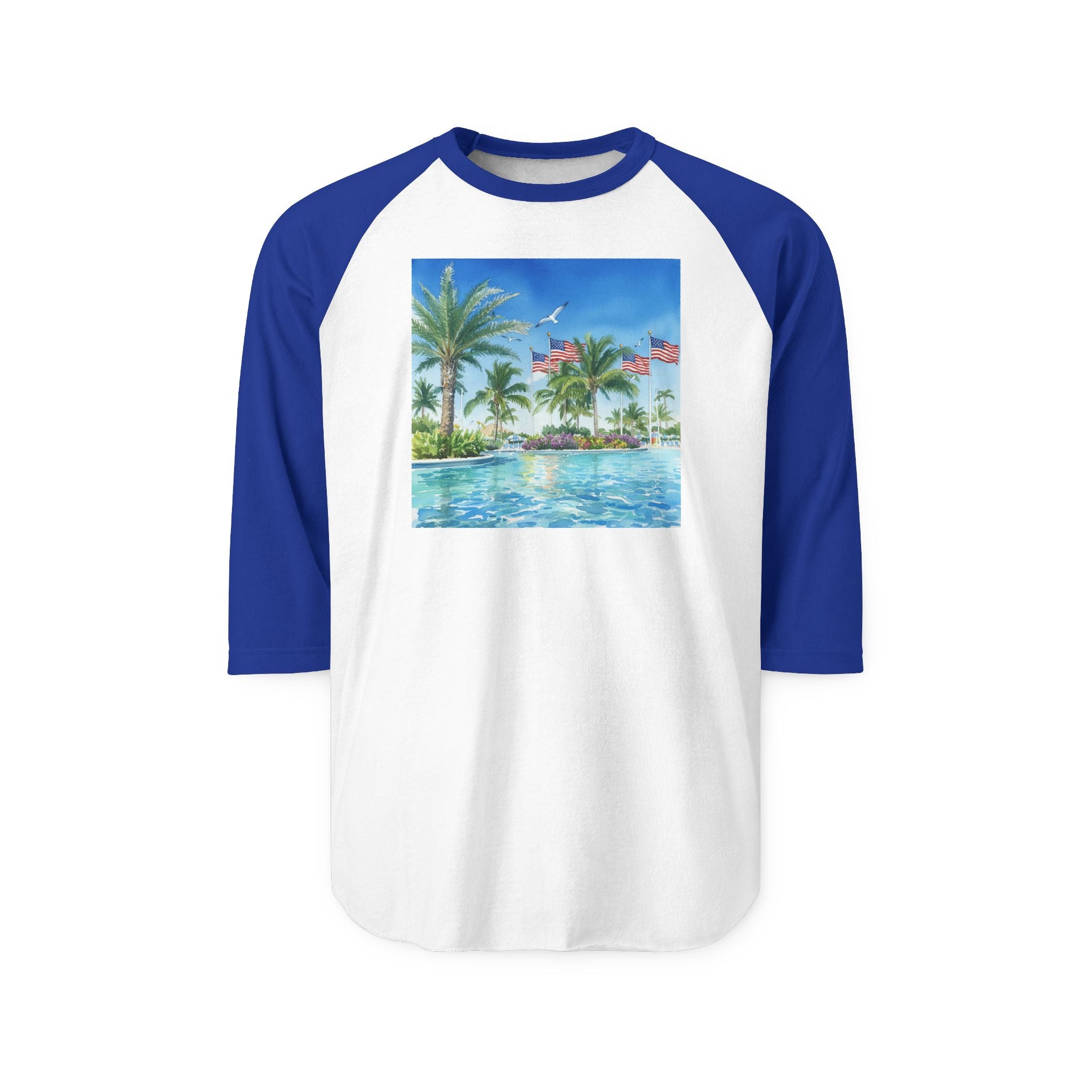 Tropical Poolside Raglan Shirt — Palm Trees & American Flag Beach Design