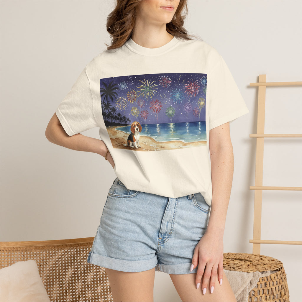 Beach Night Fireworks T‑Shirt with Dog Scene — Summer Holiday Tee
