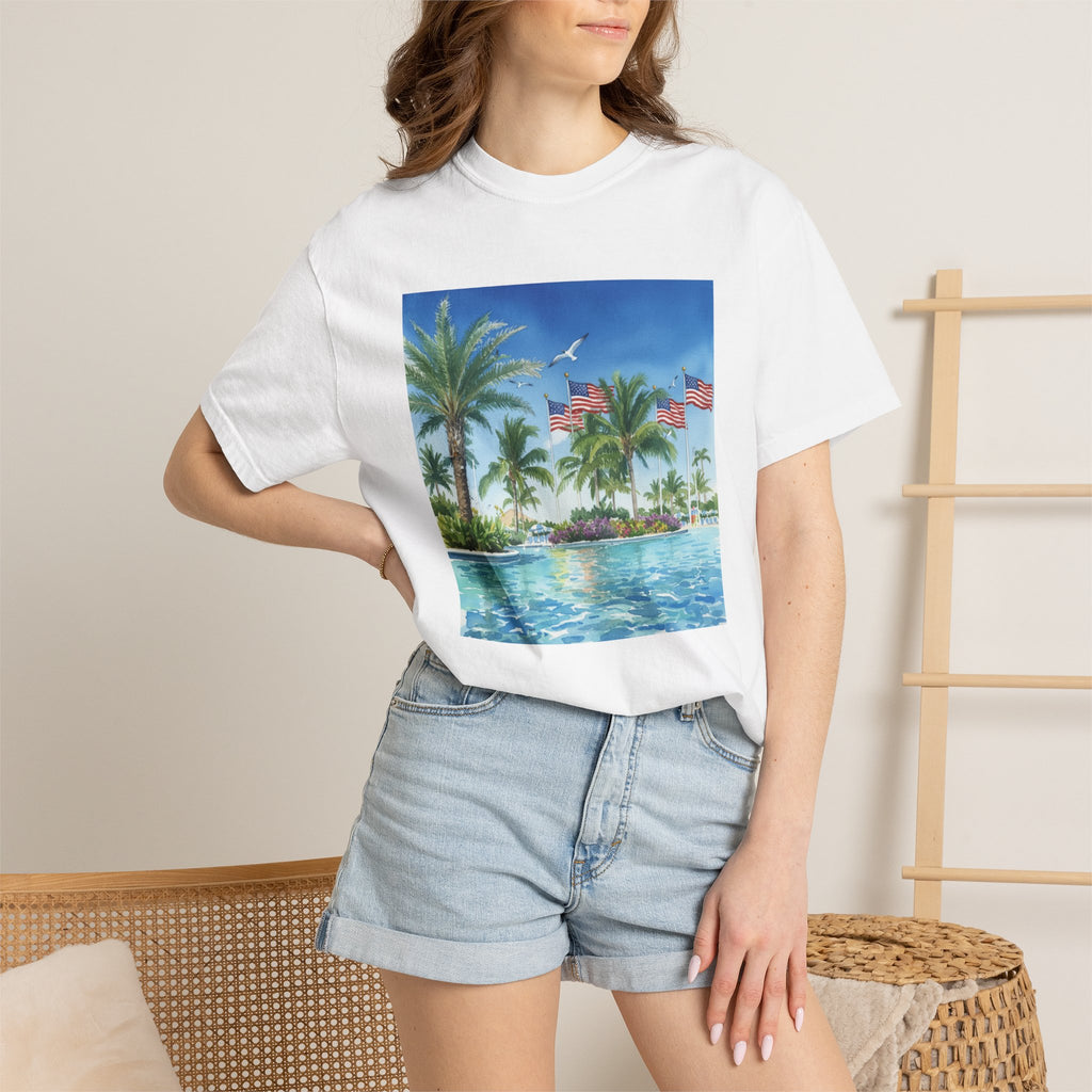 Tropical Pool Paradise T-Shirt — Palm Trees & Flags Summer Graphic Tee