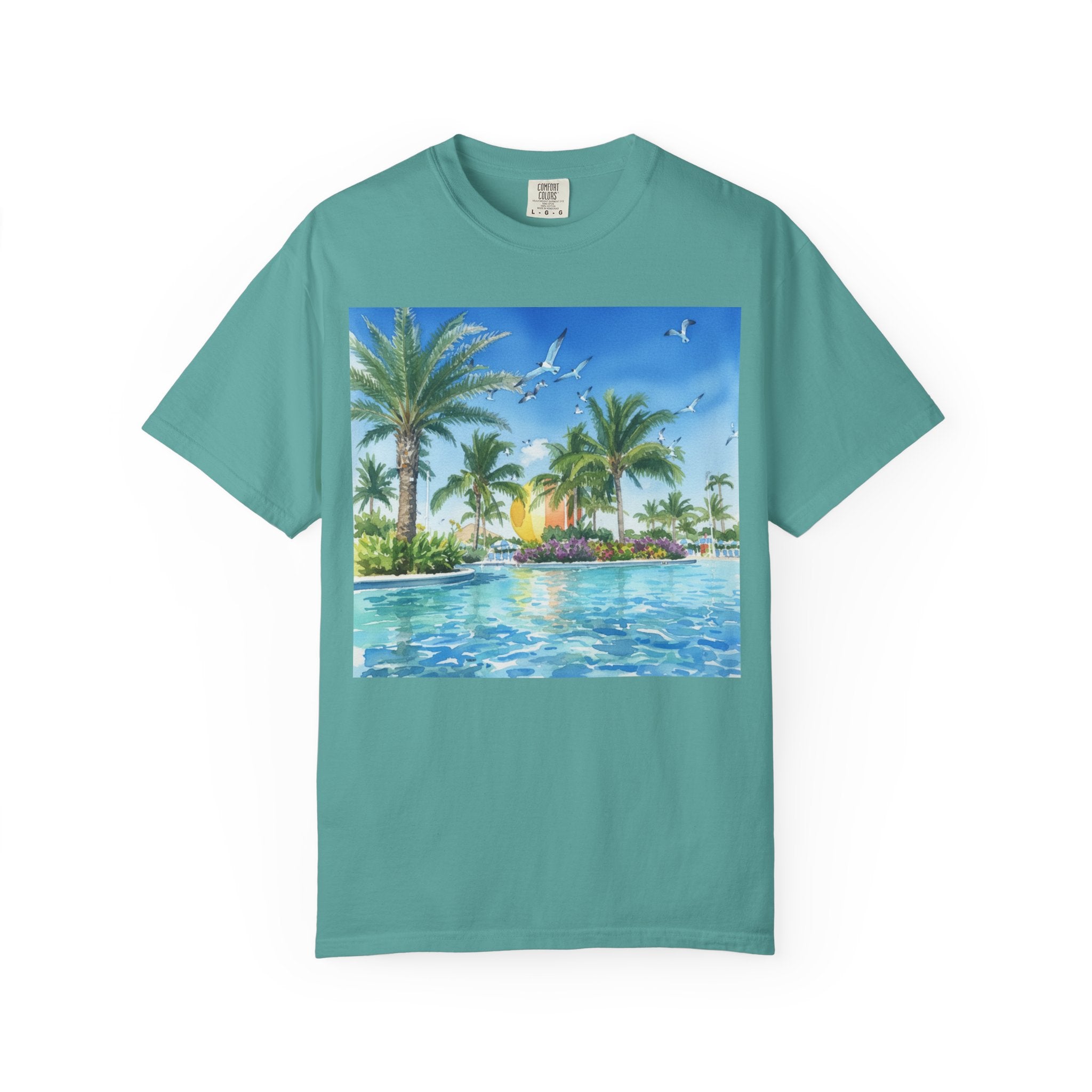 Tropical Poolside T-Shirt — Palm Trees & Sunset Swim Graphic Tee