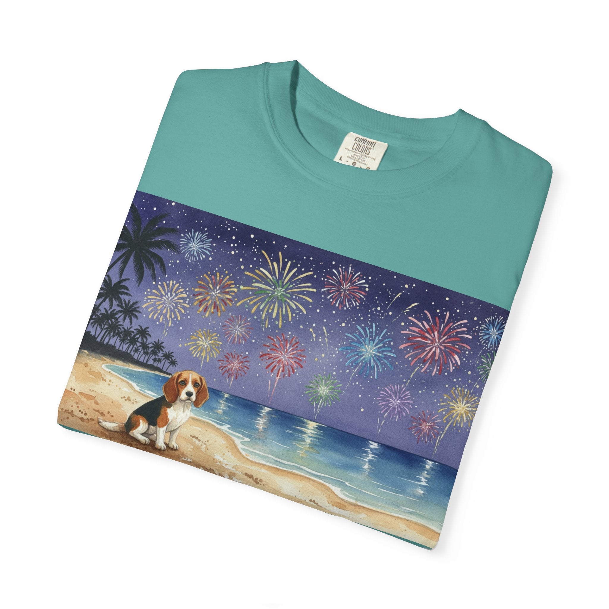 Beach Night Fireworks T‑Shirt with Dog Scene — Summer Holiday Tee