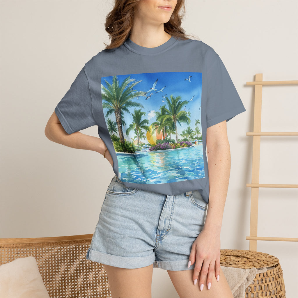 Tropical Poolside T-Shirt — Palm Trees & Sunset Swim Graphic Tee