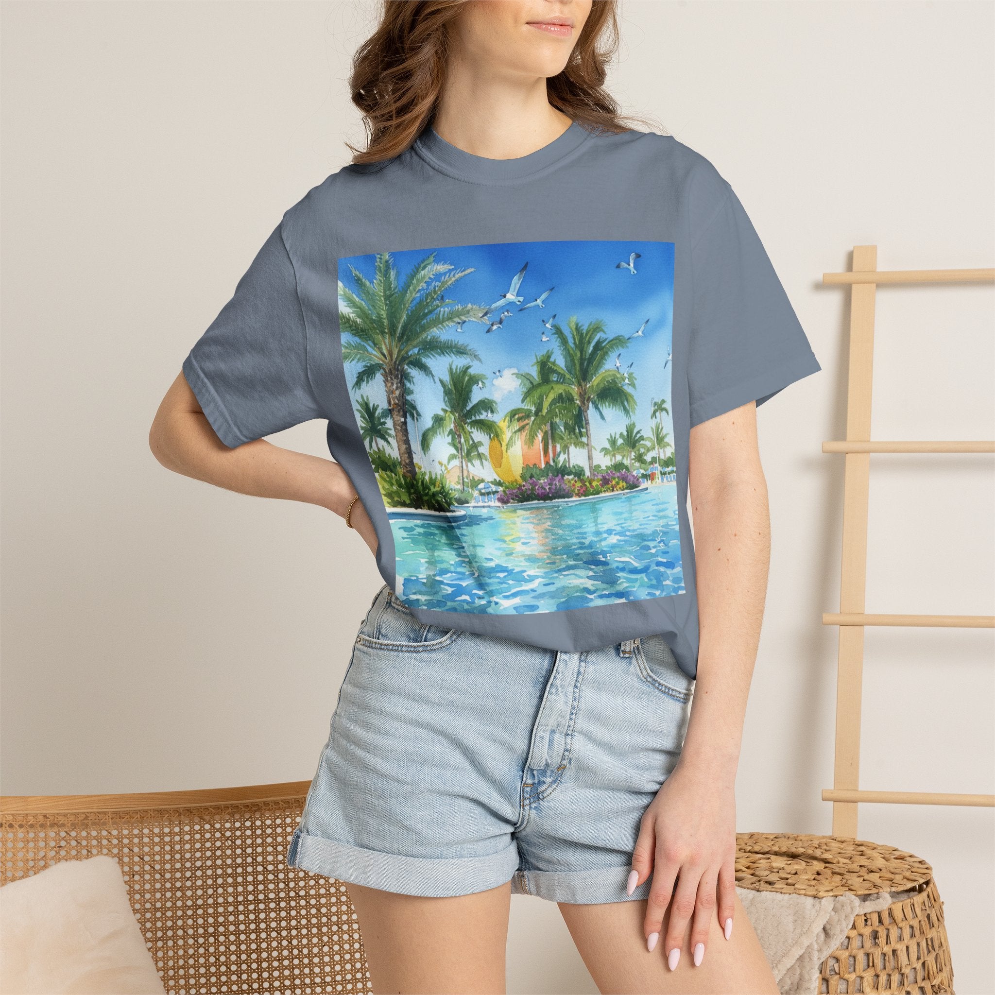 Tropical Poolside T-Shirt — Palm Trees & Sunset Swim Graphic Tee