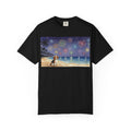 Beach Night Fireworks T‑Shirt with Dog Scene — Summer Holiday Tee