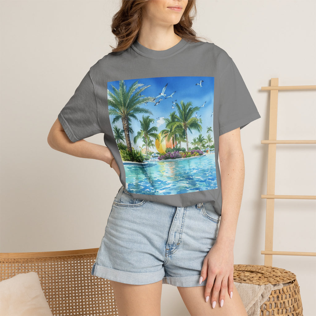 Tropical Poolside T-Shirt — Palm Trees & Sunset Swim Graphic Tee