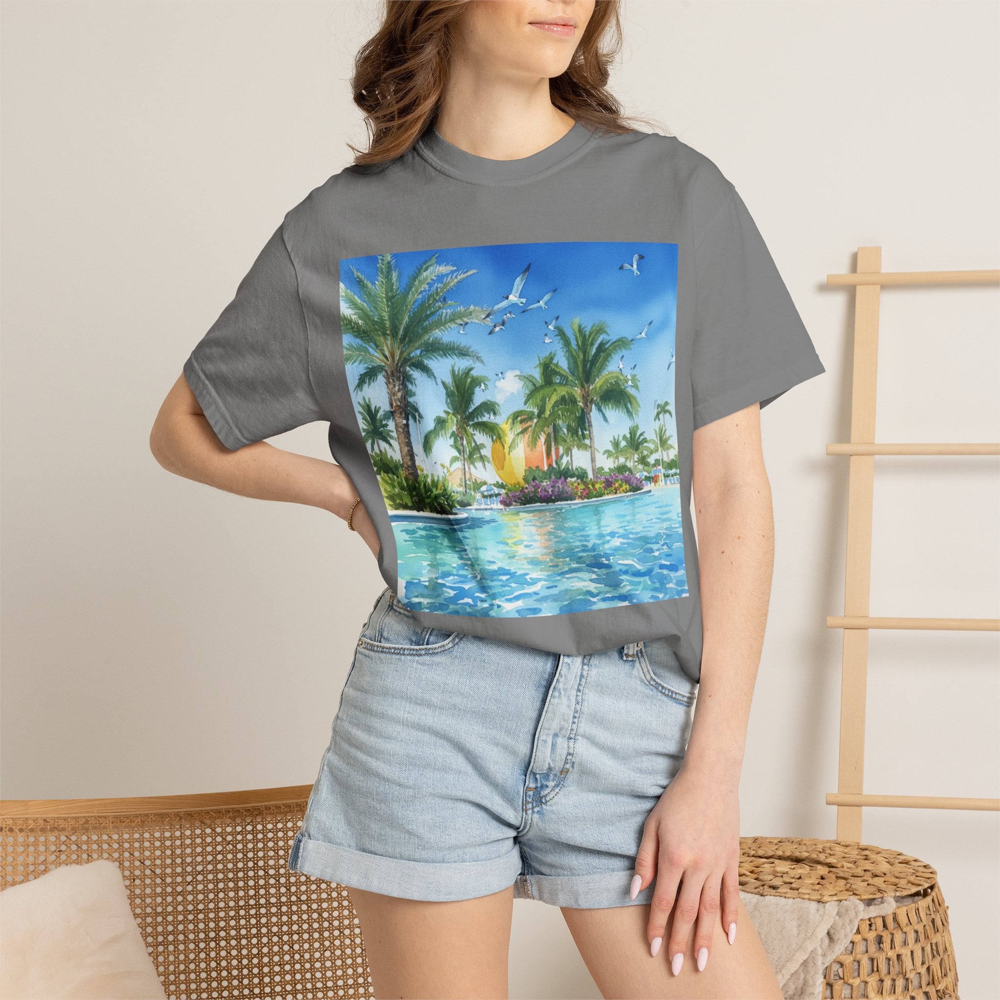 Tropical Poolside T-Shirt — Palm Trees & Sunset Swim Graphic Tee