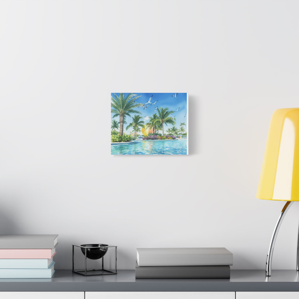 Tropical Beach Canvas Wall Art — Palm Trees, Seagulls & Sunset Pool Scene