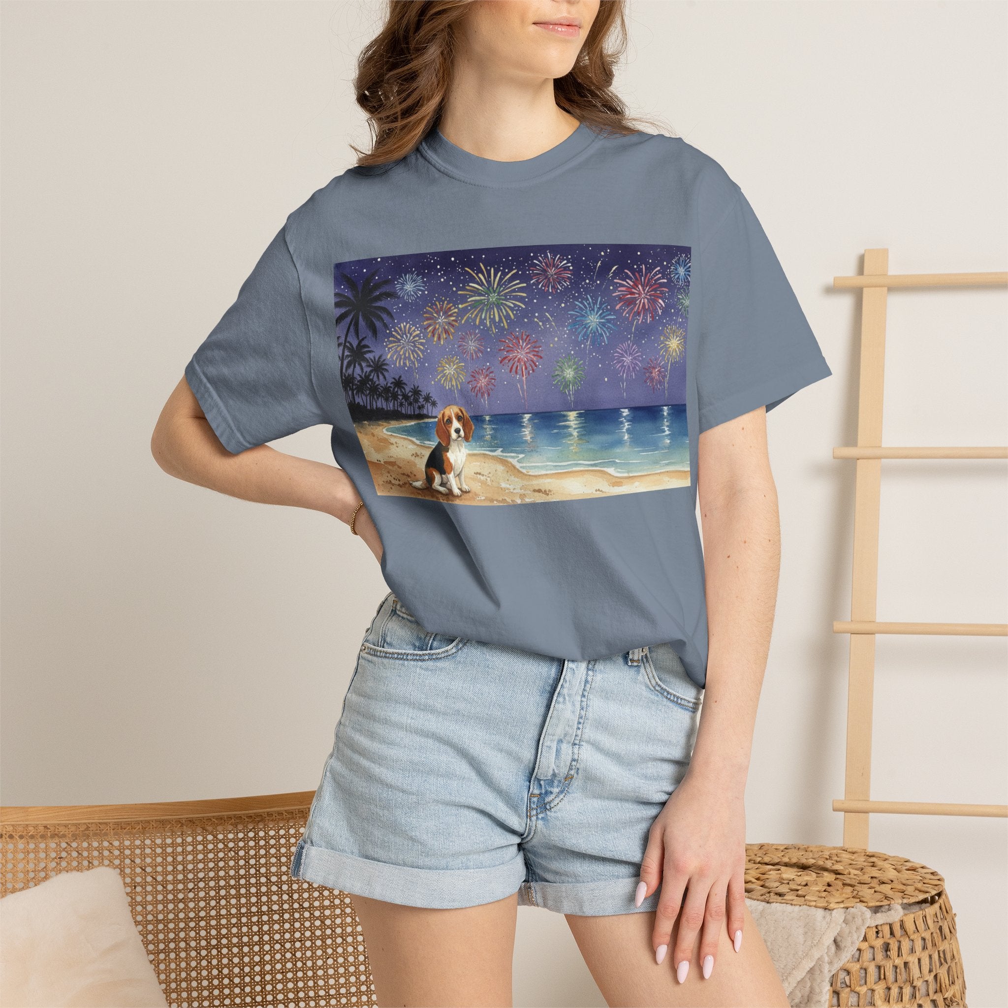 Beach Night Fireworks T‑Shirt with Dog Scene — Summer Holiday Tee
