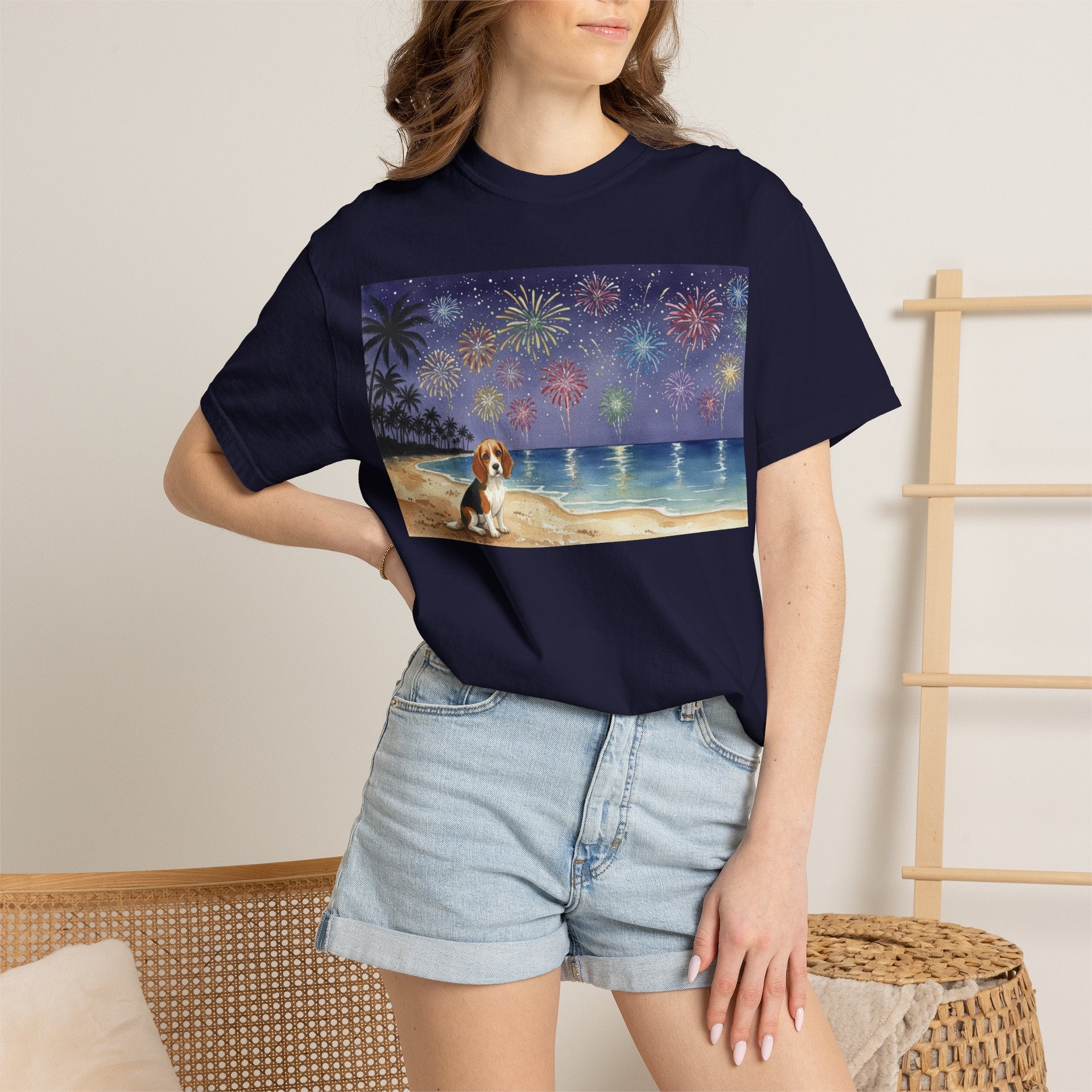 Beach Night Fireworks T‑Shirt with Dog Scene — Summer Holiday Tee